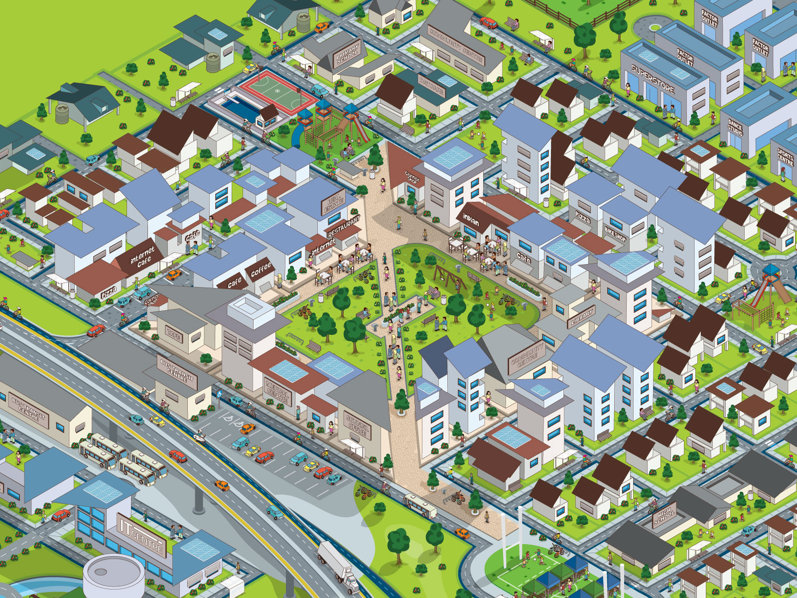 Colourful detailed isometric SIM City style vector town plan illustration