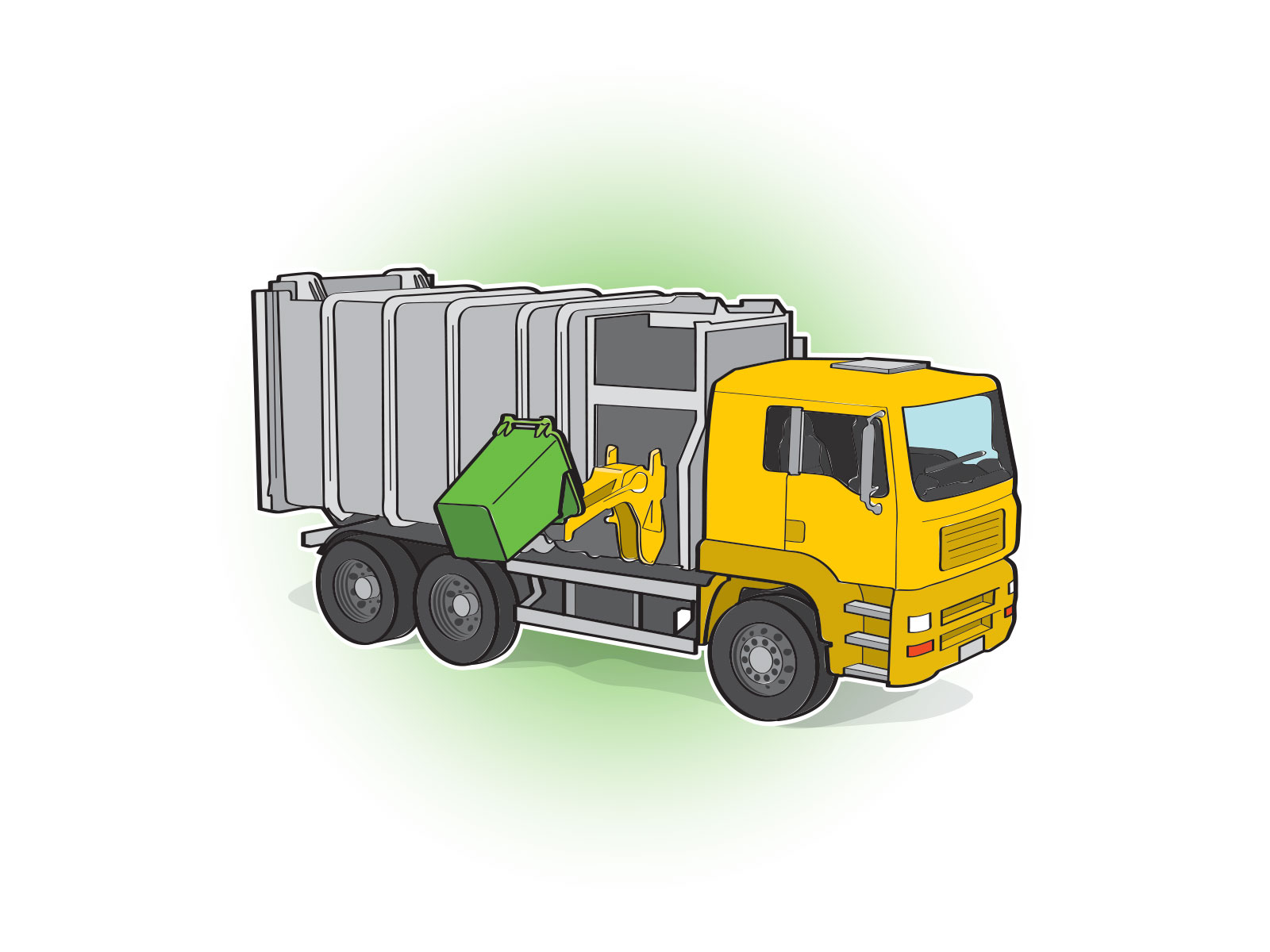 Stylised vector simplified illustration of rubbish truck emptying wheelie bin