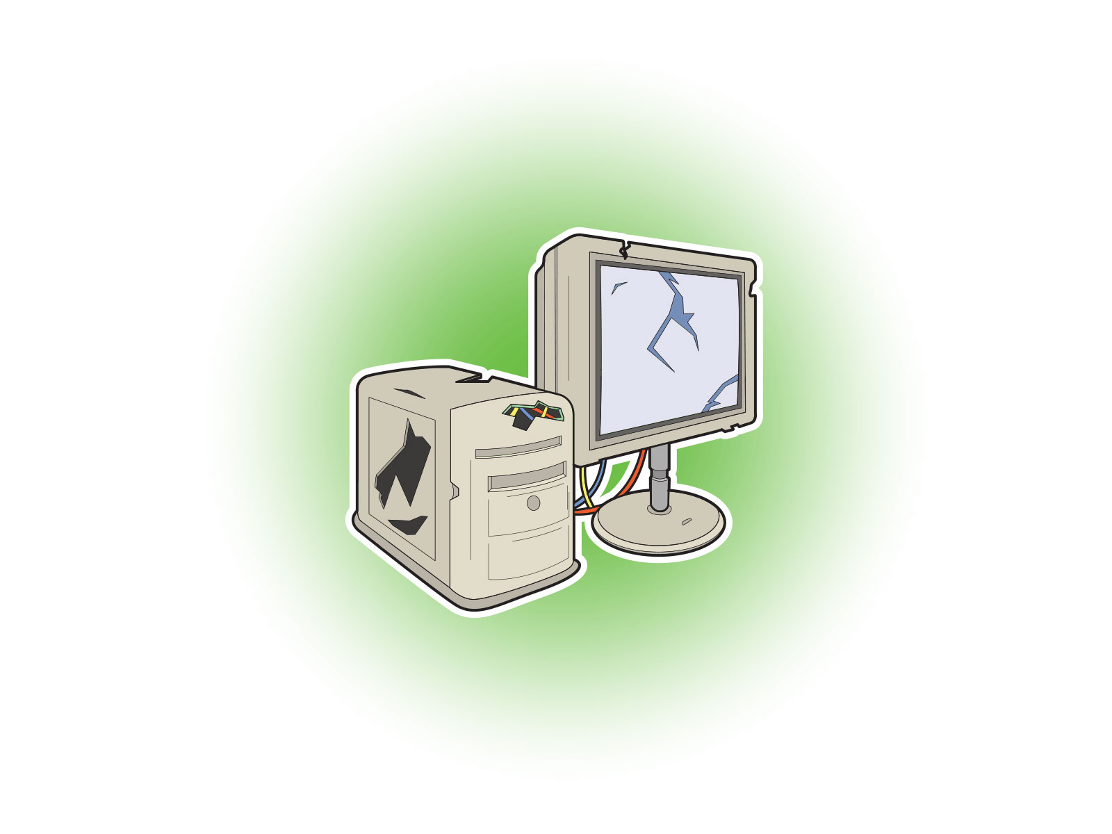 Stylised vector icon illustration of an old broken computer