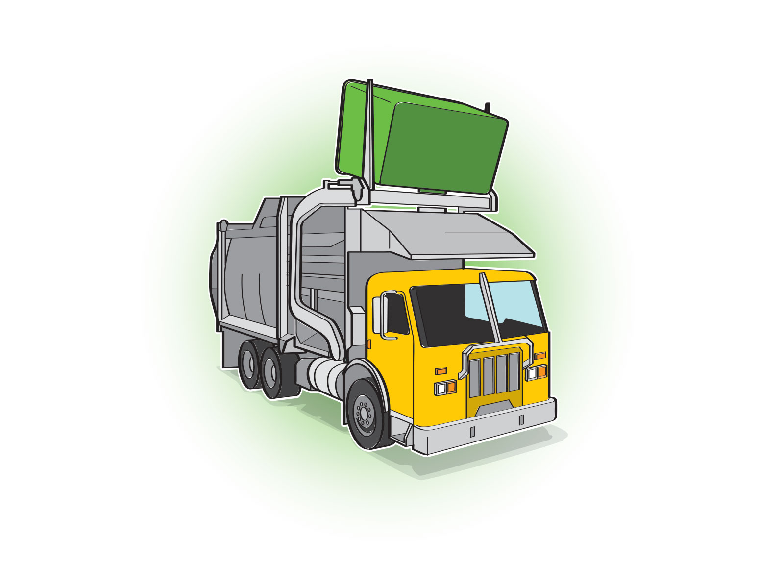 Stylised vector simplified illustration of rubbish truck emptying large skip