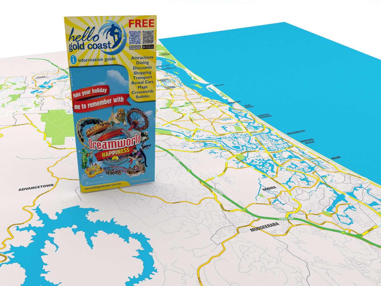 Brochure standing on a gold coast map illustrated in great detail